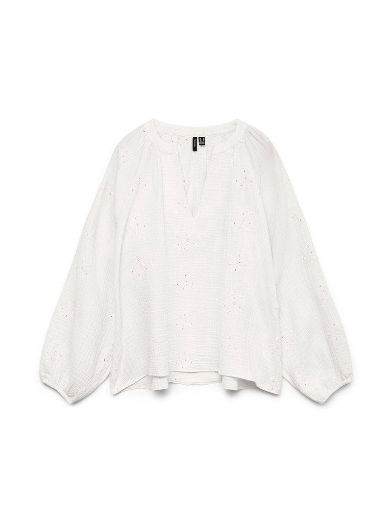 Antique Rose Boutique snow white long sleeve V-neck blouse featuring delicate embroidery anglaise in organic cotton