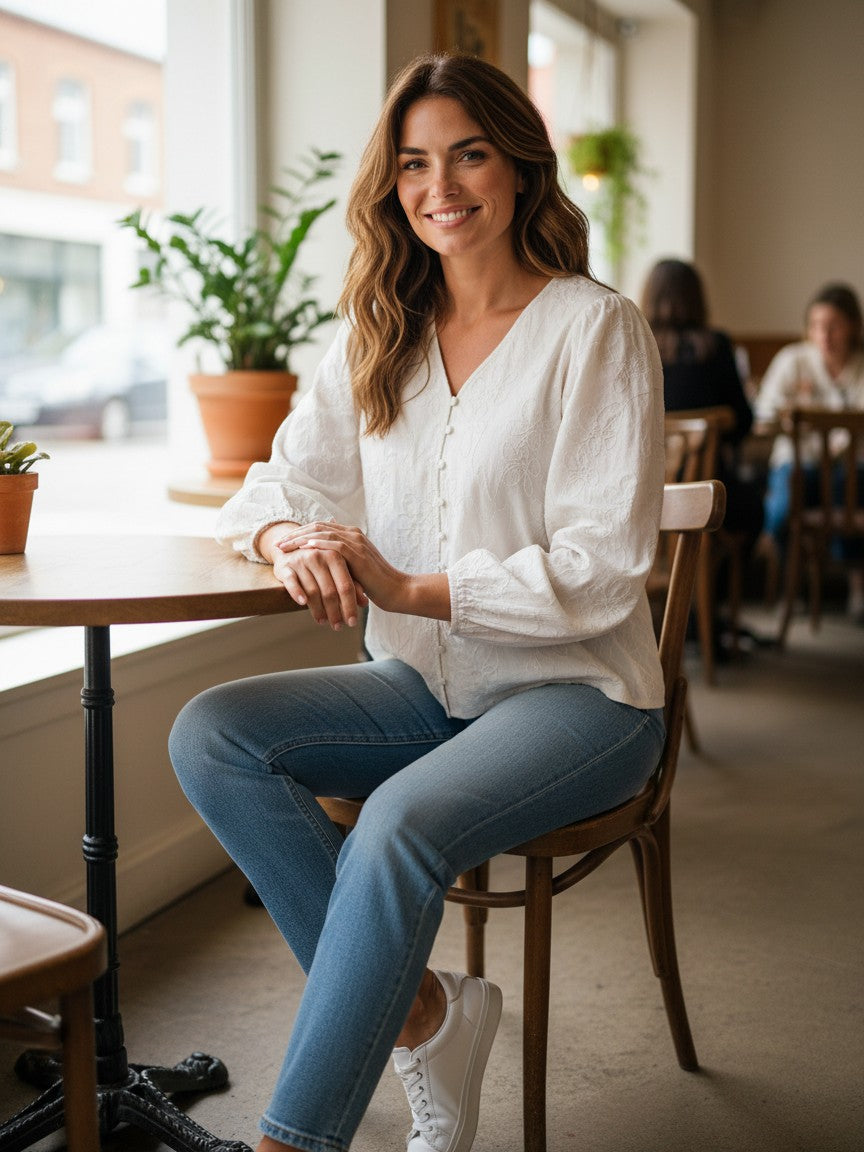 Antique Rose Boutique white cotton V-neck blouse with tonal floral embroidery and 3/4 sleeves worn with blue jeans.