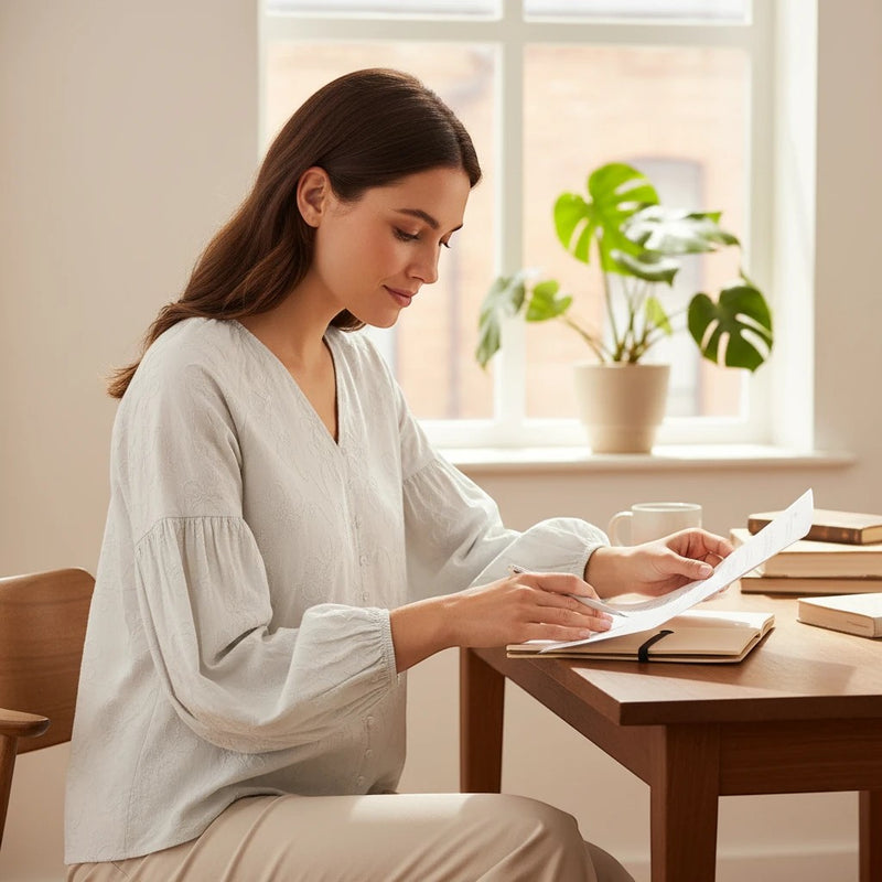 Antique Rose Boutique white cotton blouse with tonal floral embroidery, V-neck, and 3/4 sleeves worn by a woman.