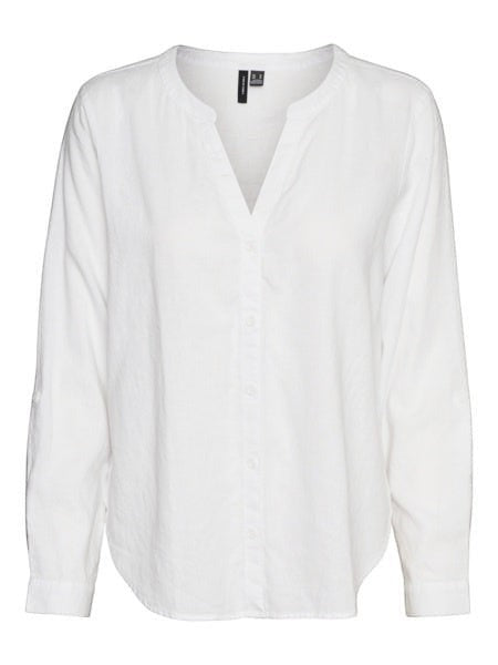 Antique Rose Boutique white linen blend V-neck shirt with long sleeves and button-down front in a relaxed fit.