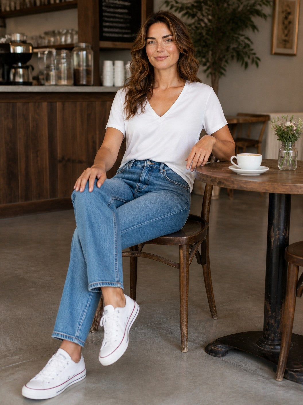 Antique Rose Boutique white V-neck linen mix T-shirt worn by a woman with blue jeans in a cafe setting