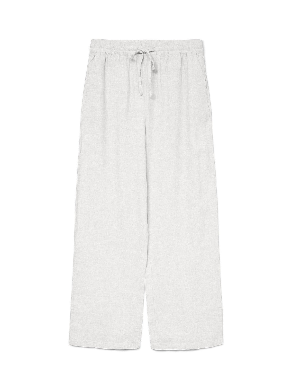 Antique Rose Boutique white linen wide-leg trousers with an adjustable drawstring waist for a relaxed summer fit.