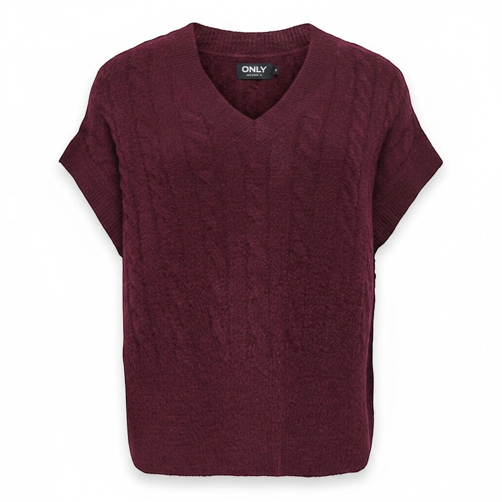 Antique Rose Boutique fig wine red cable knit sleeveless vest with a V-neck, made from a soft acrylic blend.
