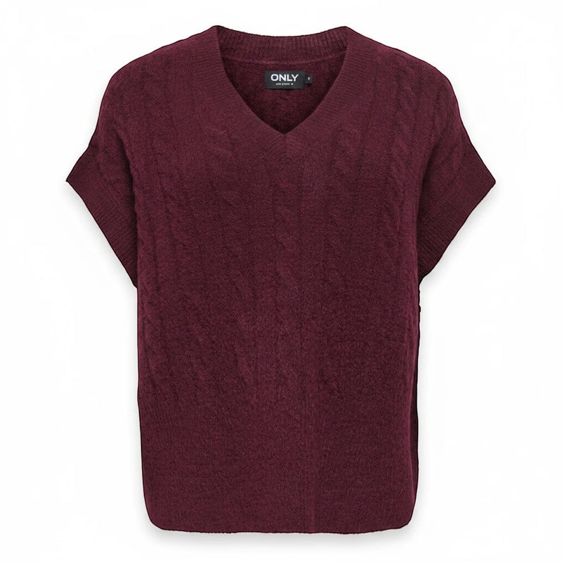 Antique Rose Boutique fig wine red cable knit sleeveless vest with a V-neck, made from a soft acrylic blend.