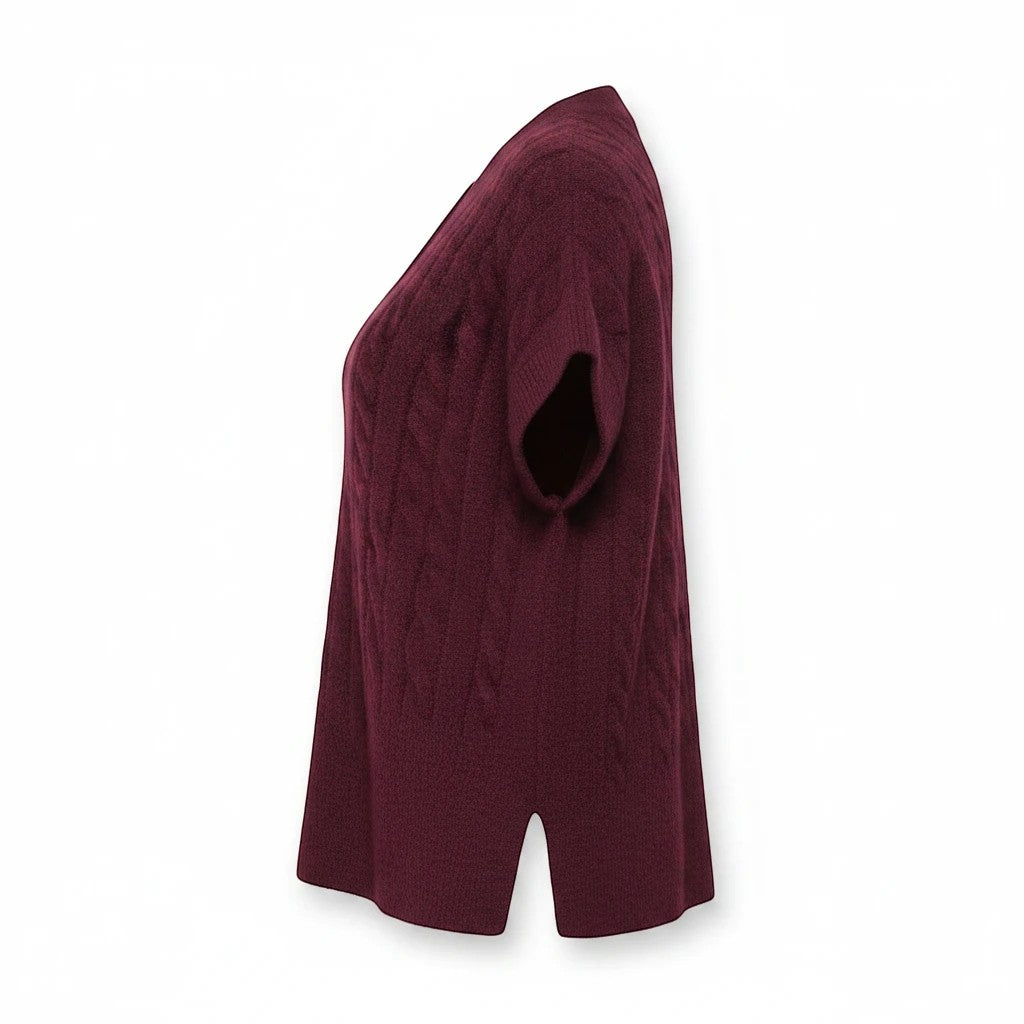 Antique Rose Boutique fig wine red cable knit short sleeve vest with a V-neck and side slits, side view.