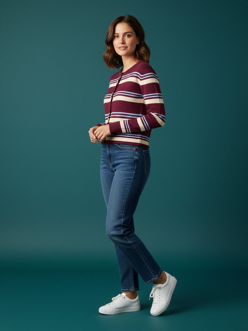 Antique Rose Boutique wine red striped fine knit cardigan with button fastening worn by a woman with blue jeans