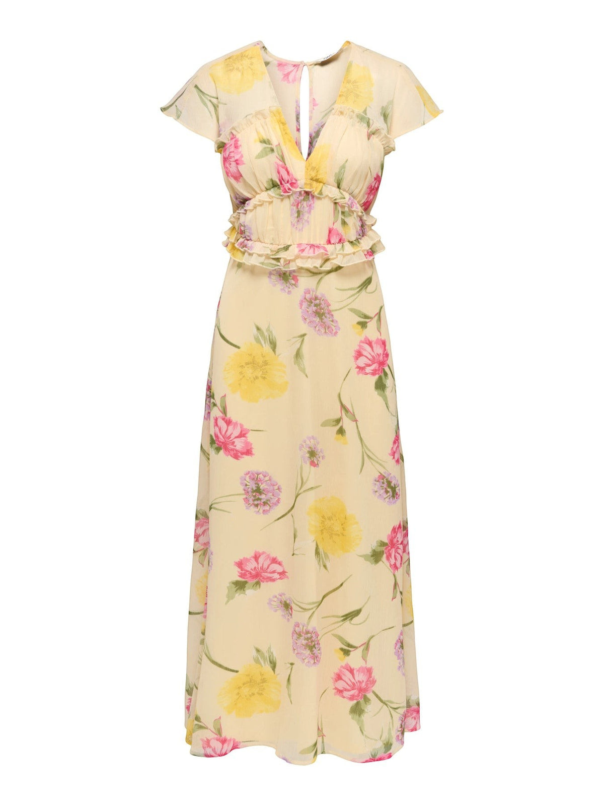 Antique Rose Boutique yellow chiffon long dress with floral print, short sleeves, V-neck, and waist frill detail.