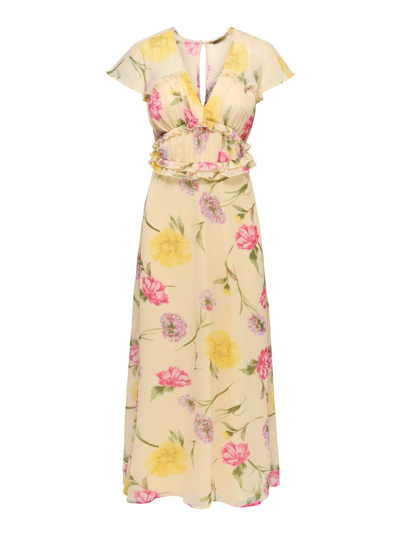 Antique Rose Boutique yellow chiffon long dress with floral print, short sleeves, V-neck, and waist frill detail.