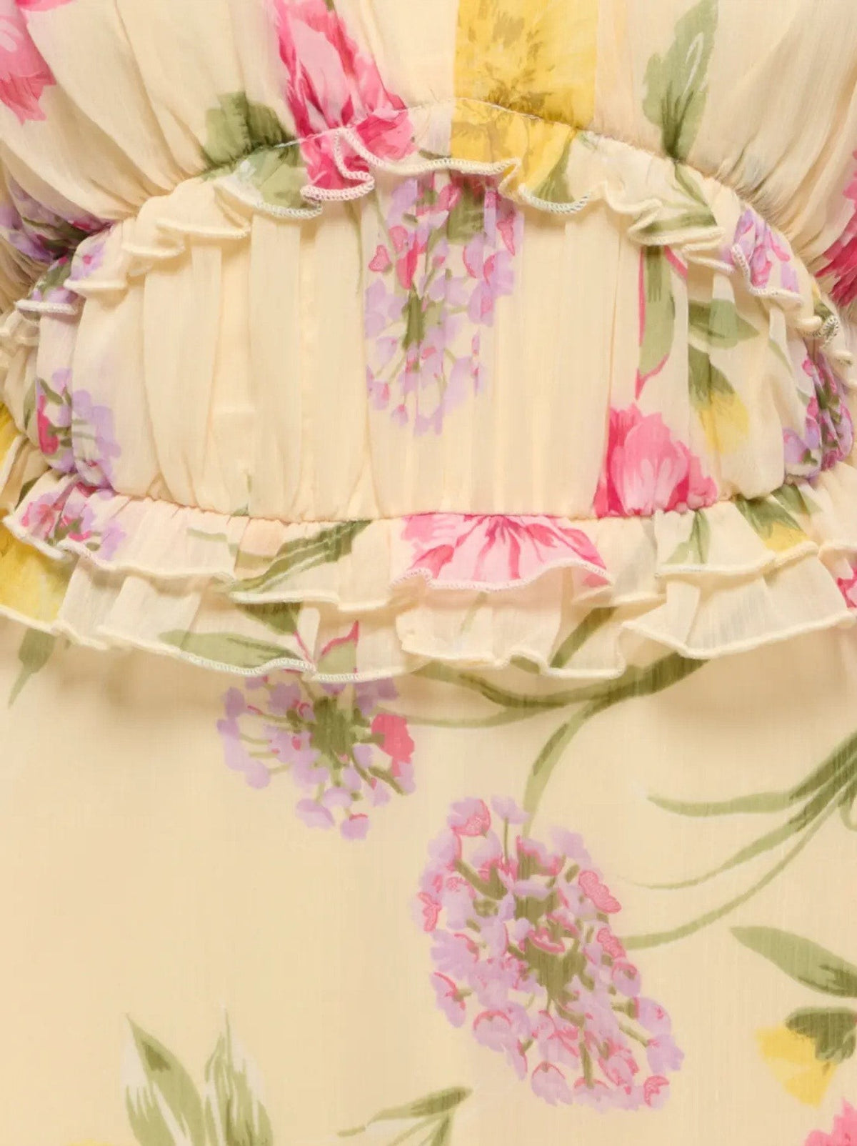Antique Rose Boutique yellow chiffon long dress with pink and purple floral print and delicate frill detailing