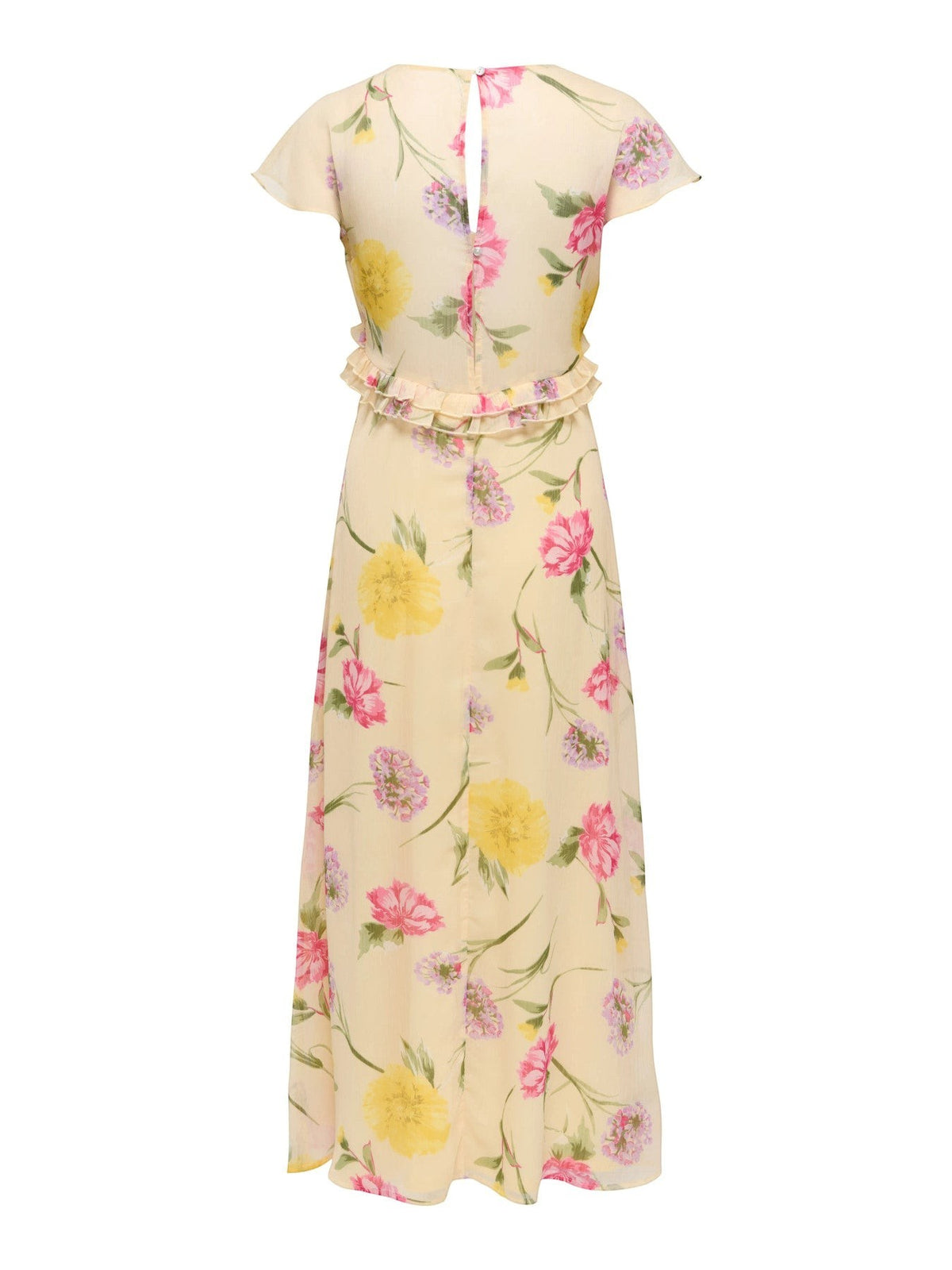Antique Rose Boutique yellow chiffon long dress with short sleeves, floral print, and waist frill detail, back view