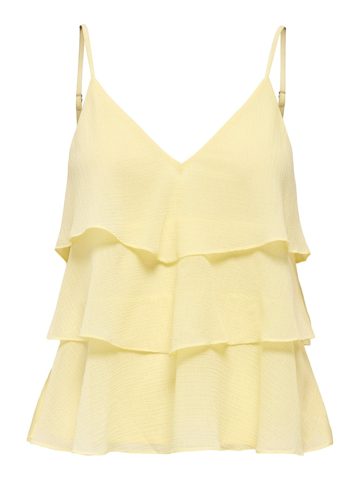 Antique Rose Boutique yellow tiered camisole top with V-neckline and adjustable spaghetti straps in lightweight fabric