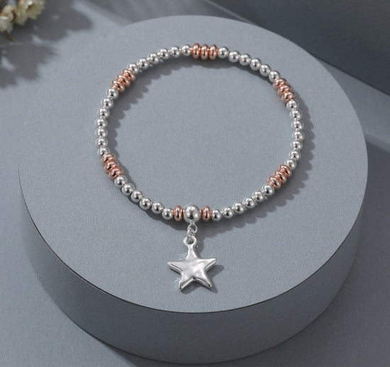 Bracelet: Stretch Round Beads Star Charm - Silver Rose Gold - Gracee Jewellery