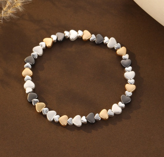 Bracelet: Stretch Hearts Small Flat Shiny - Gold & Silver & Grey  - Gracee Jewellery