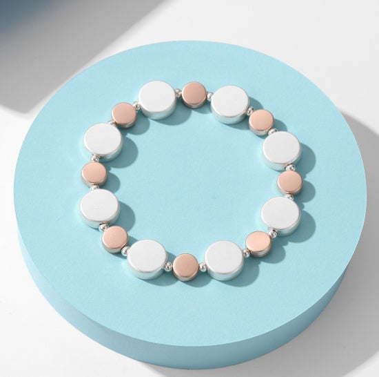 Bracelet: Chunky Stretch Alternation Circles - Silver & Rose - Gracee Jewellery