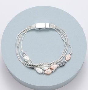 Bracelet: Multiple Strands with Leaf Detail - Magnetic Clasp - Rose Gold Silver and Dark Grey - Gracee Jewellery