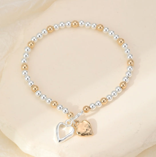 Bracelet: Stretch Beads Large and Small Hearts Charms - Gold & Silver