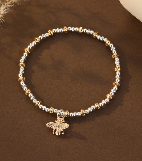 Bracelet: Stretch Bee Charm - Silver & Gold - Gracee