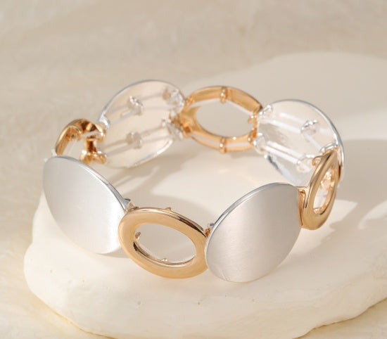 Bracelet: Chunky Stretch Alternating Discs & Circles - Silver & Gold - Gracee Jewellery