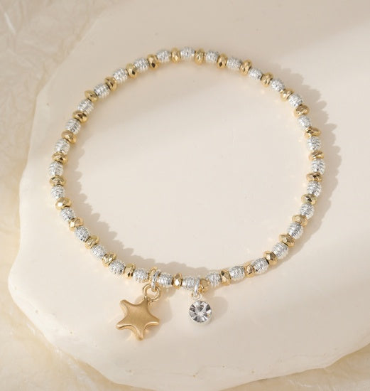 Bracelet: Stretch Star Charm - Silver & Gold - Gracee