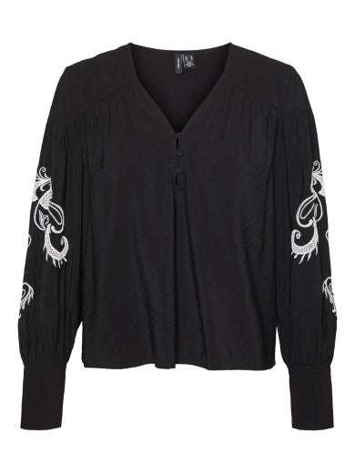 Blouse: Lightweight V Neck Embroidered Sleeve CHARLOTTE - Black & White - Vero Moda