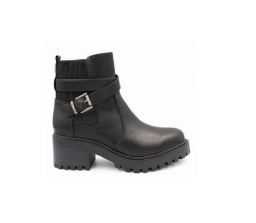 Boots: Vegan Leather Ankle Lug Chunky Heal Straps & Zip Cushion Sole LIFTED - Black - Blowfish Malibu