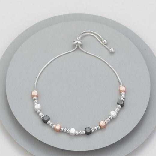 Bracelet: Lariat Large Spaced Cube Small Bead - Rose Gold Silver & Grey