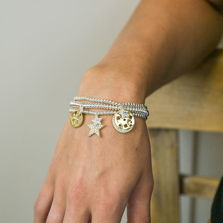 Bracelet: Stretch Double Crystal Star Small Beads - Silver & Gold Plated - POM