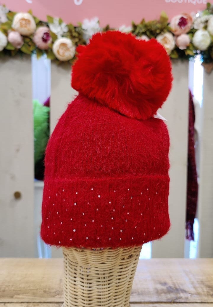 Hat: Knitted Pom Pom Diamante - Red