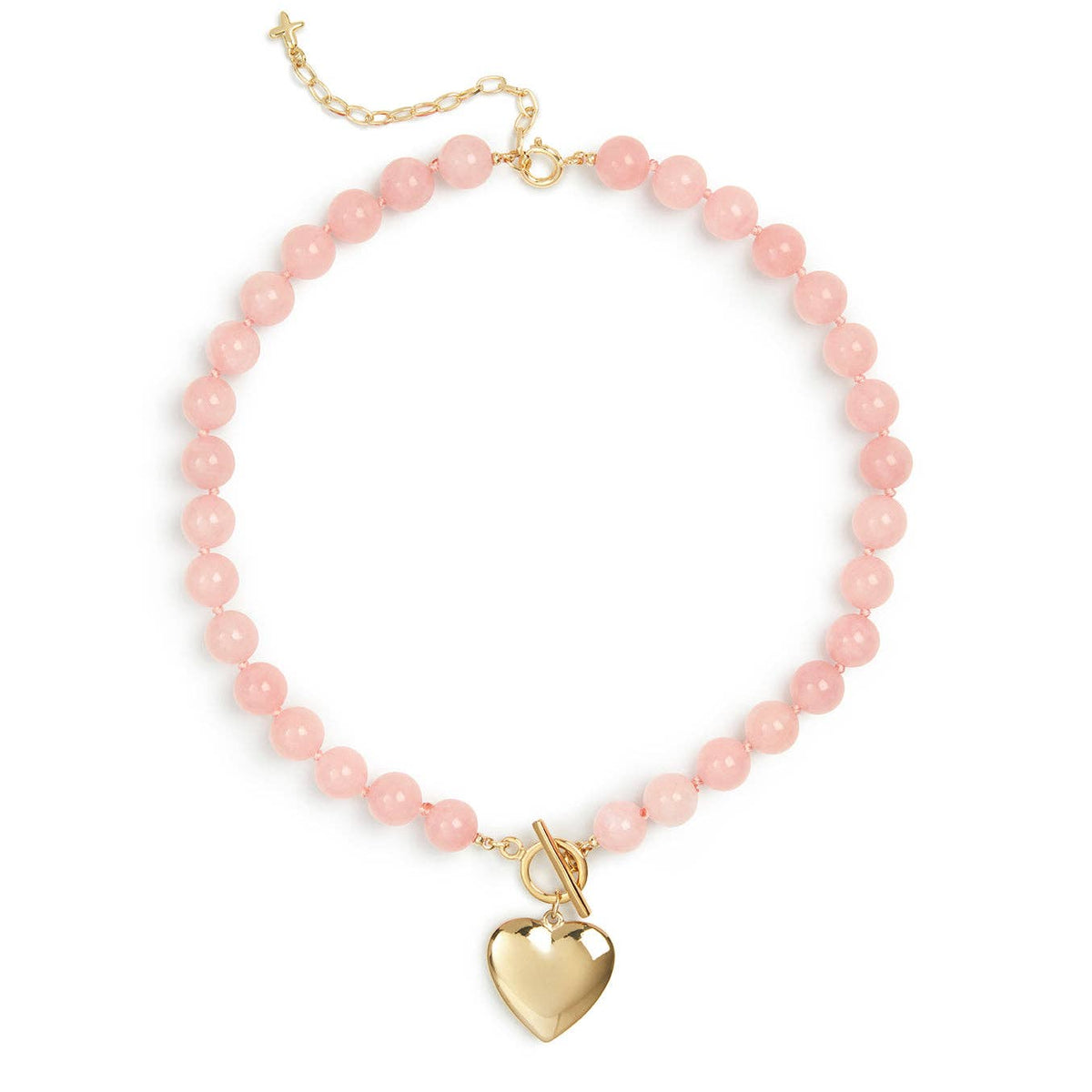 Necklace: Short Jade Stone Natural Beaded Heart Charm - Pink - XuXa