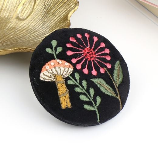 Compact Mirror: Velvet Embroidered Toadstools  - BLACK - POM