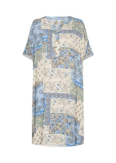 Long Dress: Lightweight Paisley Patchwork Print Short Sleeve Kaho - Denim Blue - Soya Concept