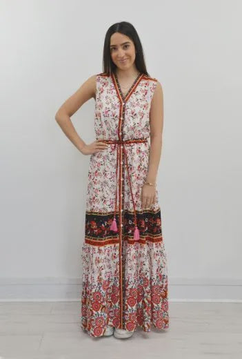Long Dress: Lightweight Sleeveless Floral Print - Multicolour - Jessica Graaf