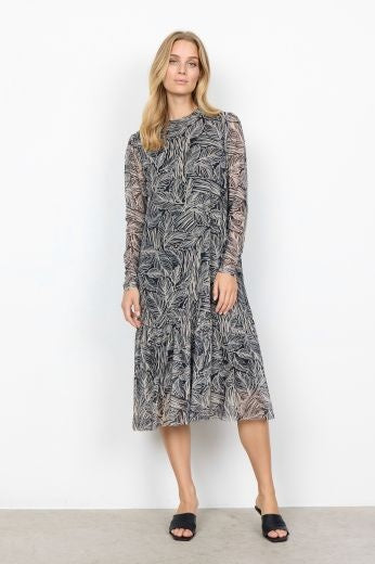 Midi Dress: Chiffon Round Neck Long Sleeve Leaf Print ALDA - SAND BEIGE - Soya Concept