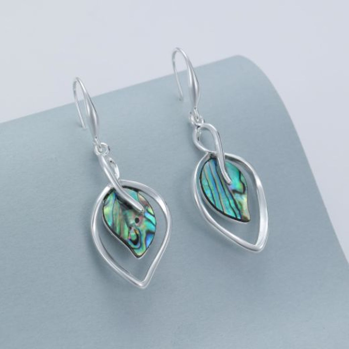 Earrings: Drop Hook Cut Out Leaf Abalone- Silver Turquoise
