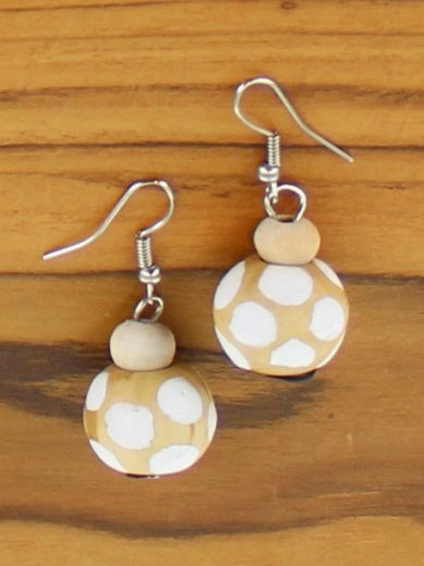 Earrings: Drop Wood Ball Spotty - Natural & White