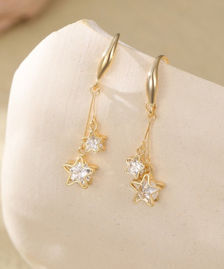 Earrings: Drop Hook Filigree Double Star Crystal -Gold