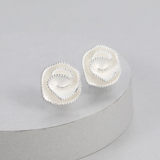 Earrings: Clip on Brushed Pearlescent Flower with Silver Beading - Gracee Jewellery