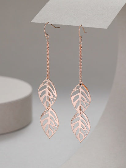Earrings: Drop Stud Dangling Double Leaves - Rose Gold - Gracee Jewellery