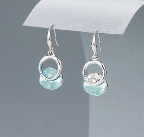Earrings: Drop Overlapping Circles - White & Blue - Silver Gracee Jewellery