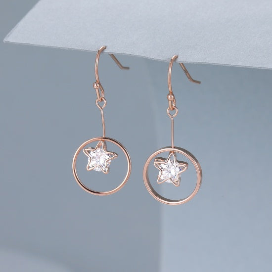 Earrings: Drop Hook Crystal Star Inside Circle - Rose Gold
