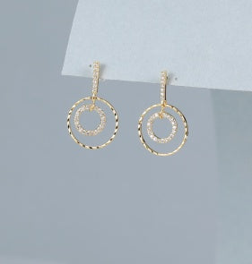 Earrings: Stud Drop Circle Inner Circle Crystal -Gold