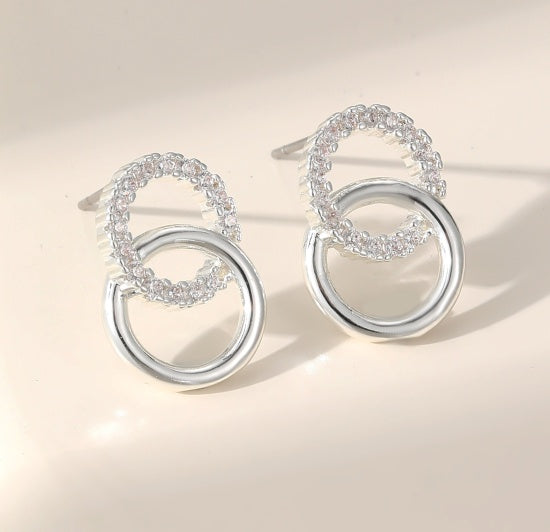 Earrings: Drop Stud Crystal 2 Circles Drop - Silver  Gracee Jewellery