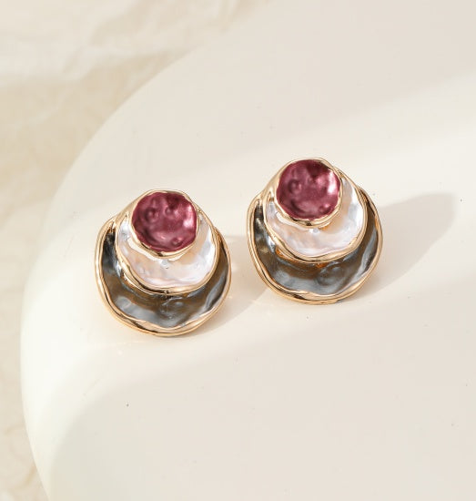 Earrings: Stud Tri Colour Layered Circles - Burgundy Brown Shades - Gracee Jewellery