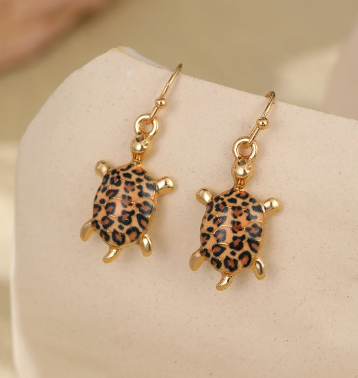 Earrings: Drop Hook Leopard Print Turtles  - Gold - Gracee Jewellery