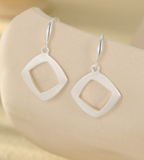 Earrings: Drop Square Shaped Cut Out  - Silver - Antique Rose