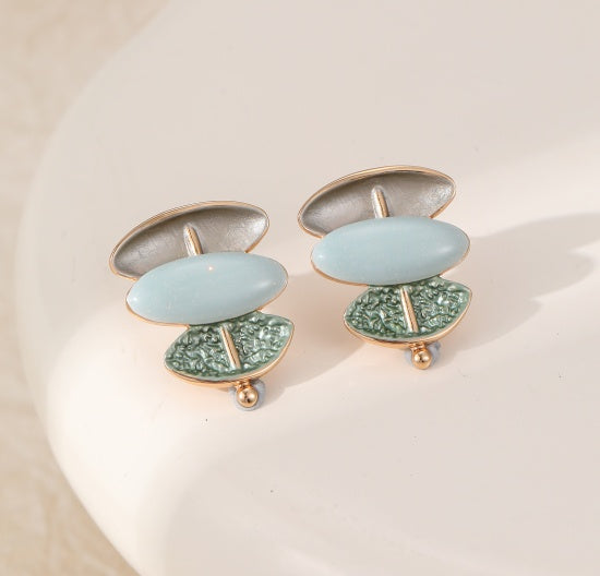 Earrings: Stud Ovals - Gold and Green - Gracee Jewellery