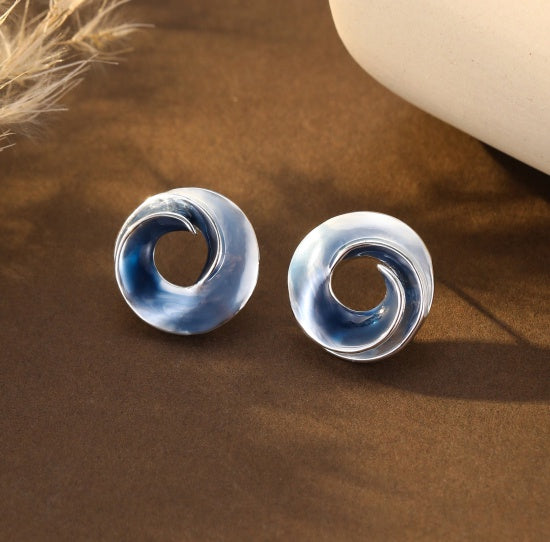 Earrings: Stud Circle Wave Shaped - Blue - Antique Rose