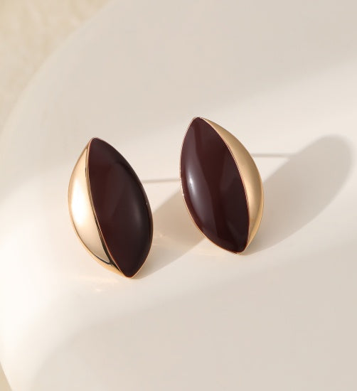 Earrings: Stud Smooth Almond Shaped - Gold & Black - Antique Rose