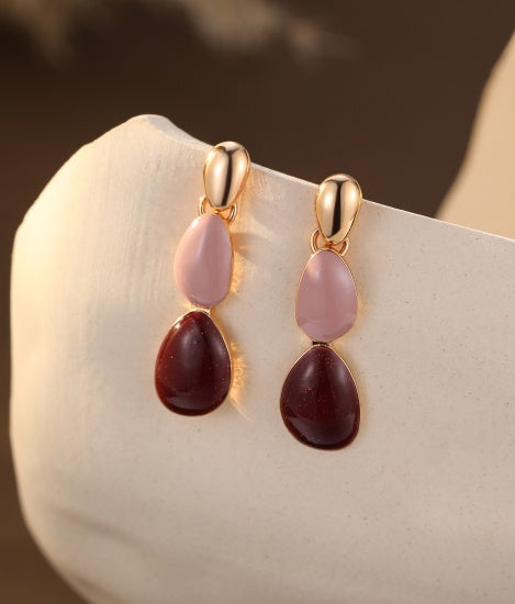 Earrings: Stud Drop Smooth Ovals - Gold & Pinks - Antique Rose