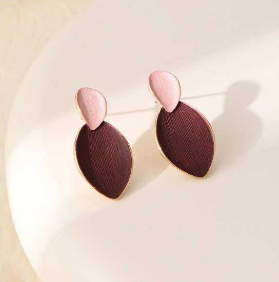 Earrings: Stud Drop Leaf Shaped  - Gold & Maroon  - Antique Rose